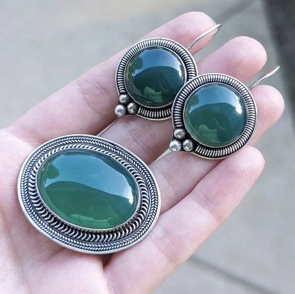 Vintage sterling silver brooch and earring set 925 green stone circle oval - Picture 4 of 6